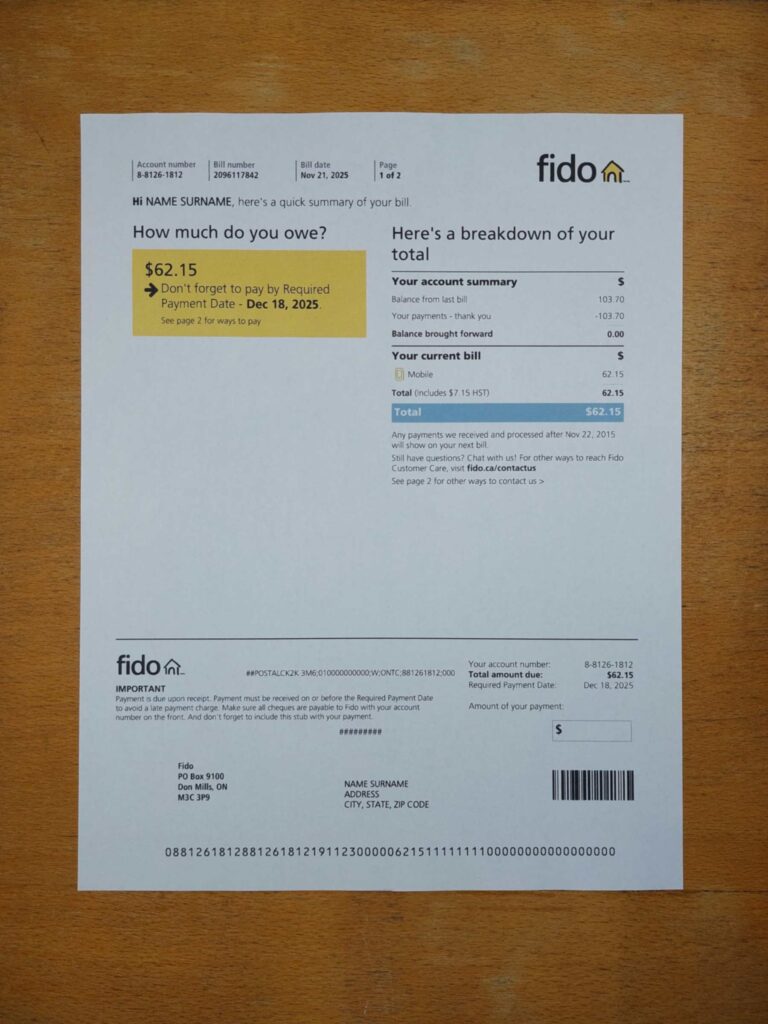 Real photo of Canada Fido Mobile bill – physical evidence for residence