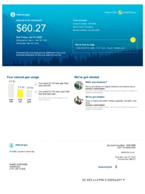 Clean layout of Fortis gas bill – editable British Columbia version