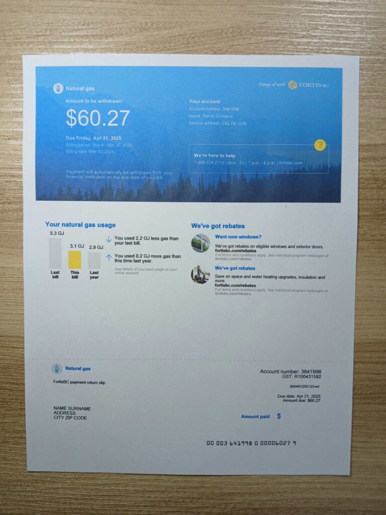 Fortis bill printed and photographed – address proof from British Columbia