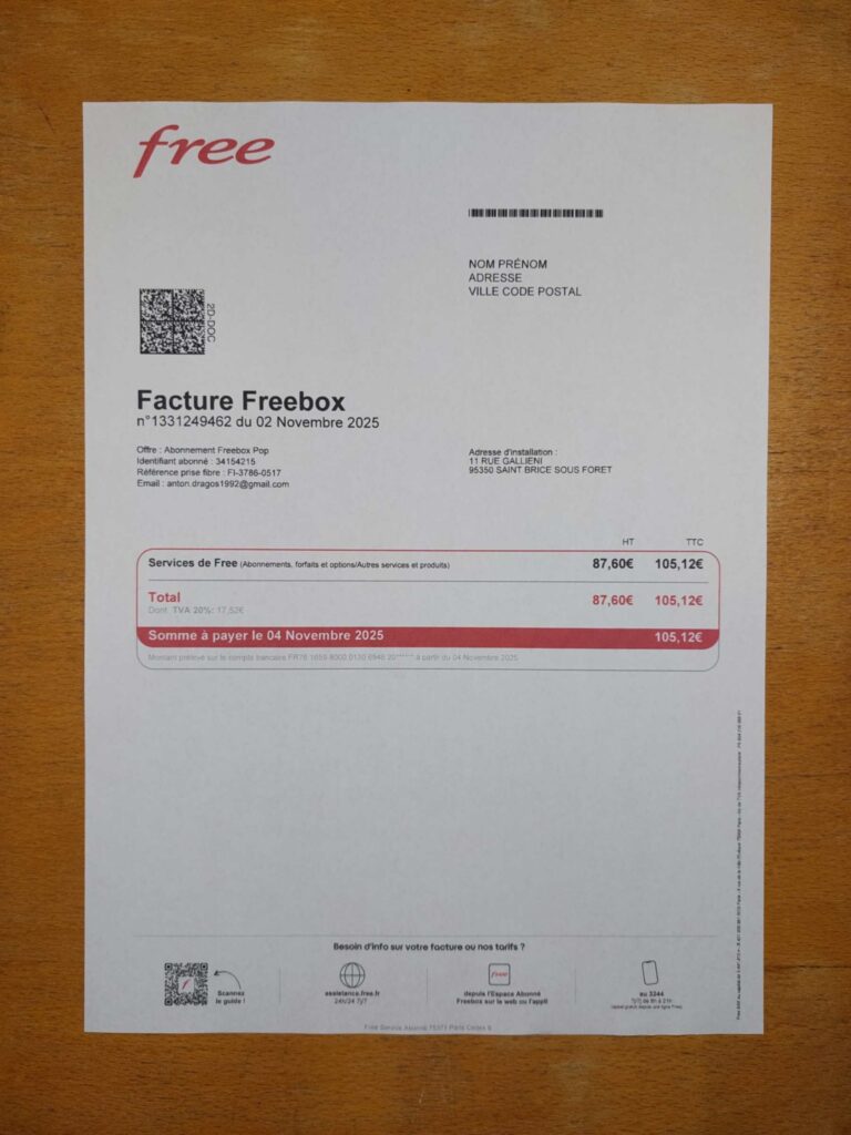 Free bill printed and photographed – address proof from France