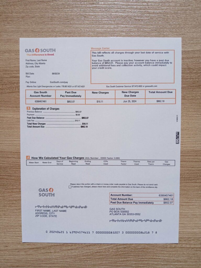 Gas South bill printed and photographed – address proof from Atlanta, Georgia