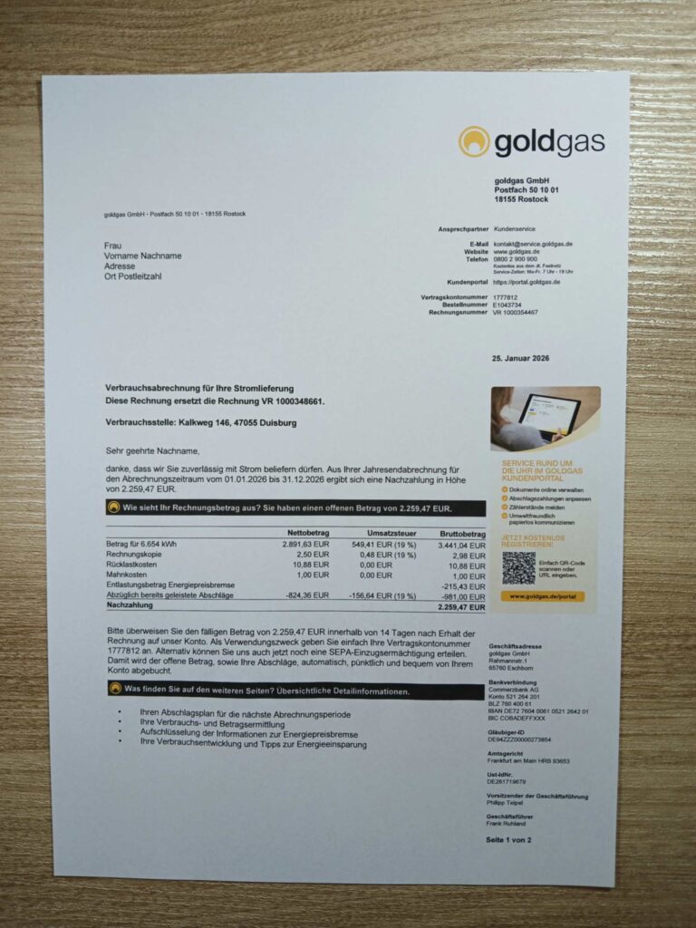 Downloadable gas bill from Gold Gas, Austria – banner included