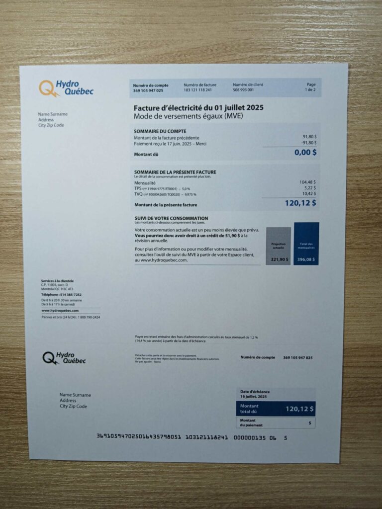 Visual example of printed Hydro Québec utility bill in Québec