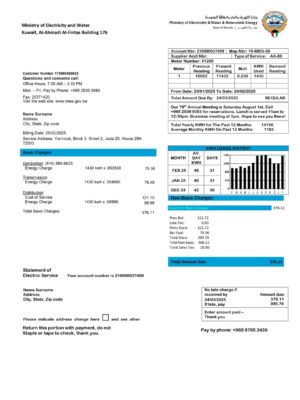 Kuwait Electricity utility bill from Kuwait – customizable PDF for address proof