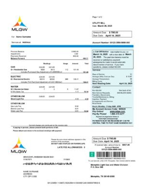 Editable MLGW electricity bill – Tennessee utility layout in PDF