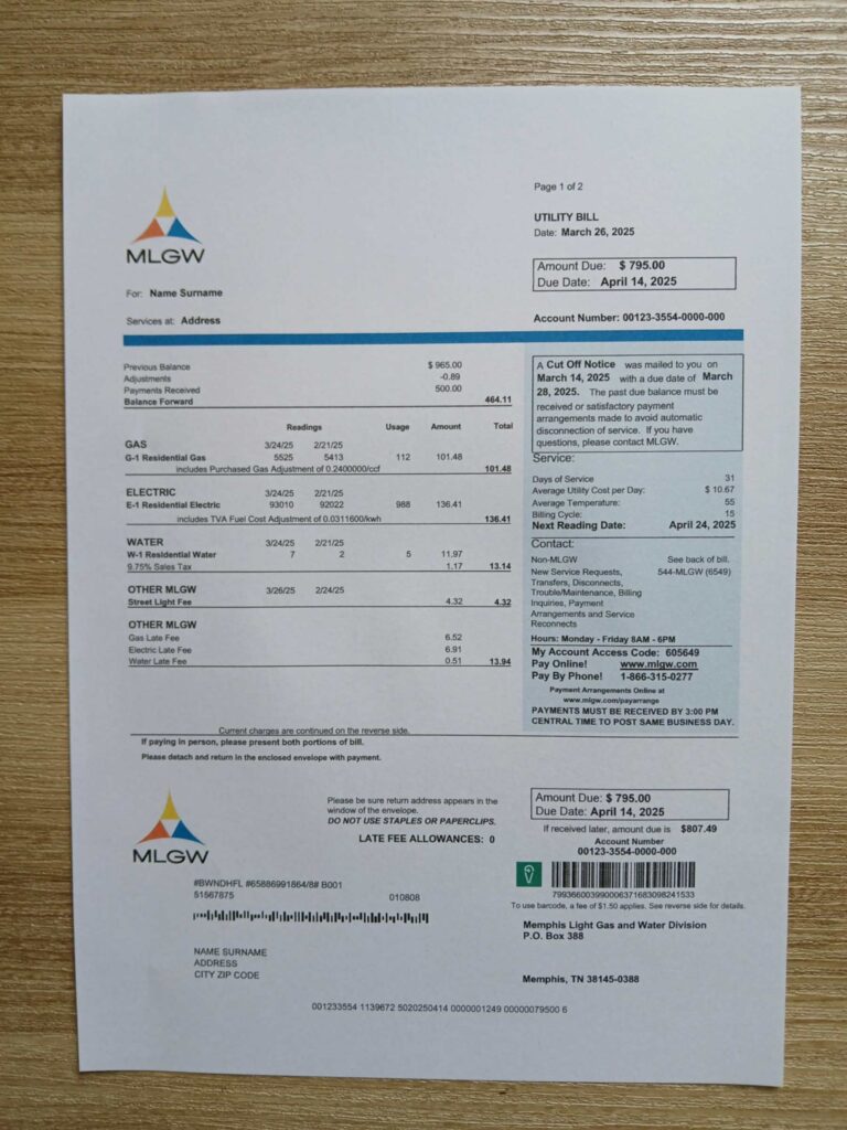 Printed MLGW utility bill sample from Memphis – simulation example