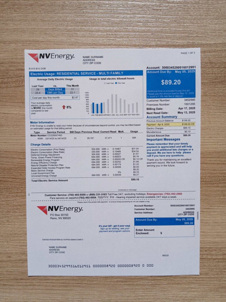 NVEnergy bill printed and photographed – address proof from Nevada