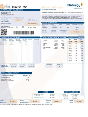 Editable gas bill template – Spain Naturgy sample in PDF