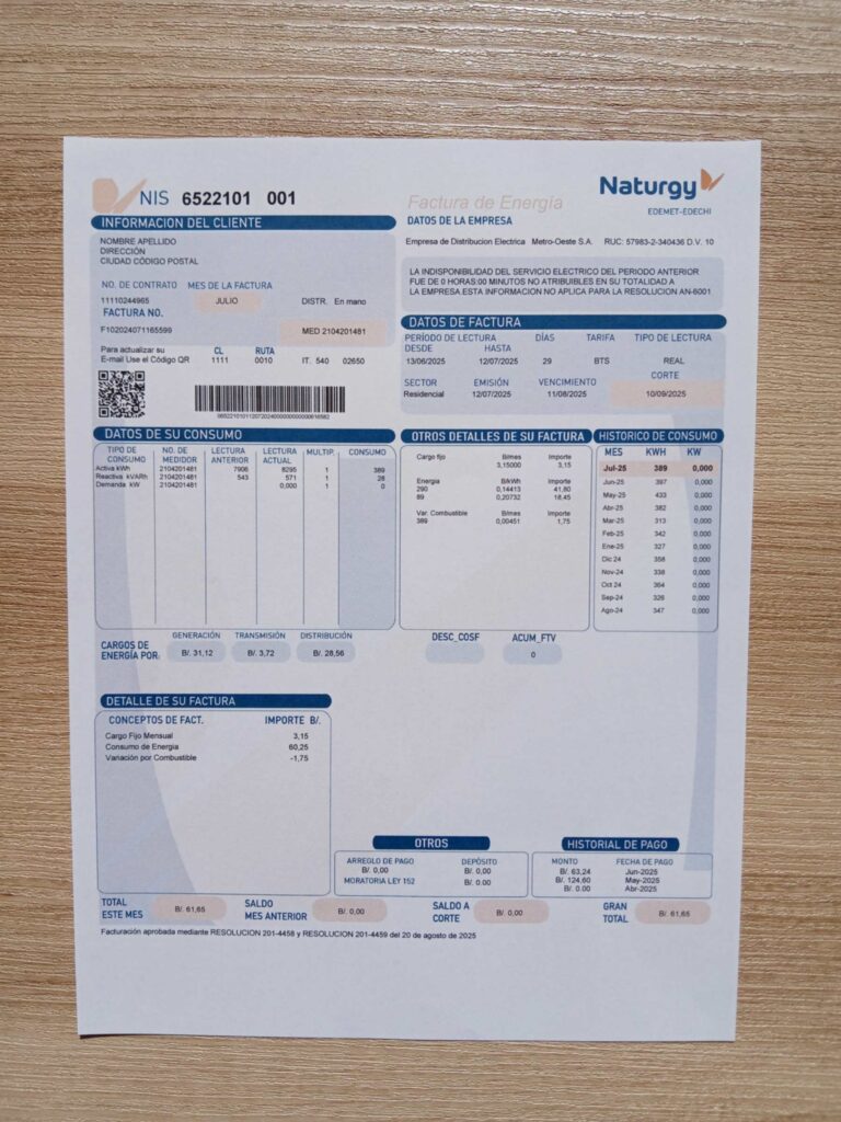 Visual example of printed Naturgy utility bill in Spain
