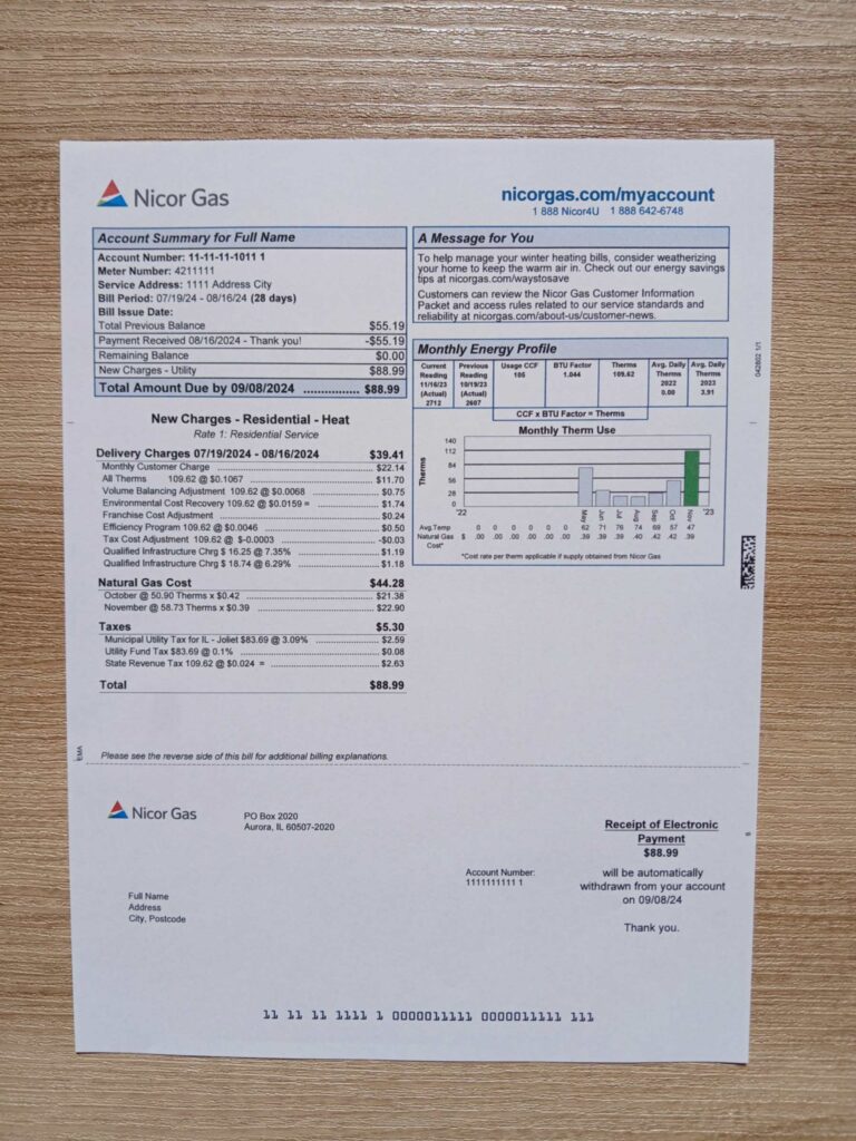 Real photo of Illinois Nicor gas bill – physical evidence for residence