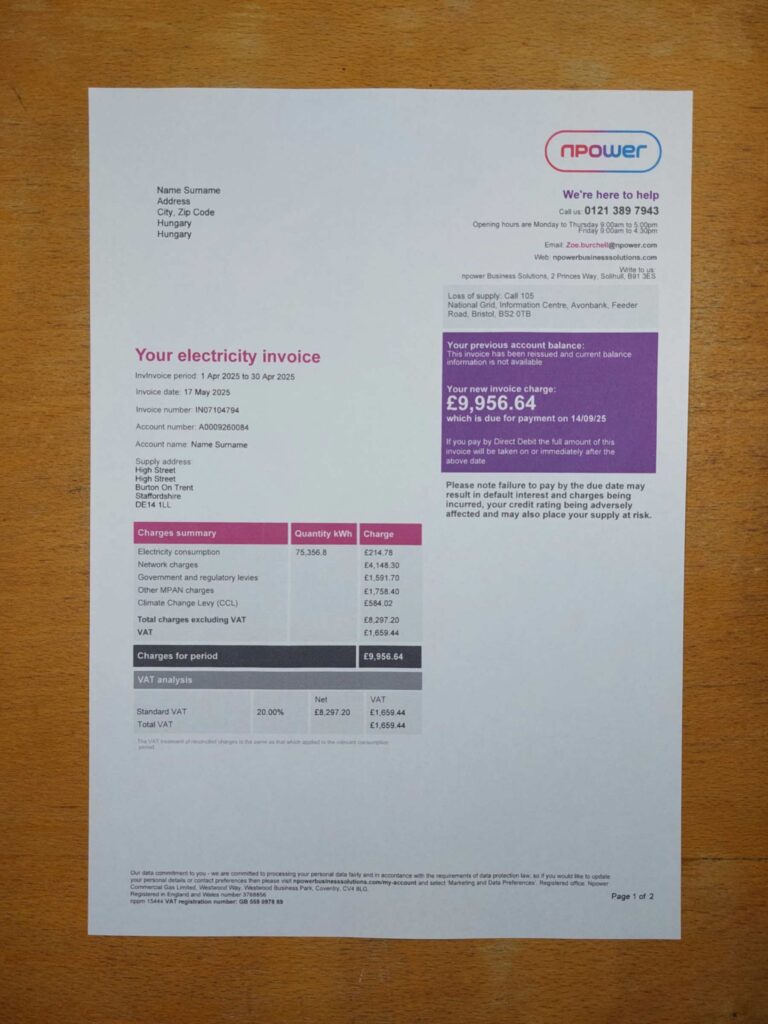 Npower bill printed and photographed – address proof from Hungary