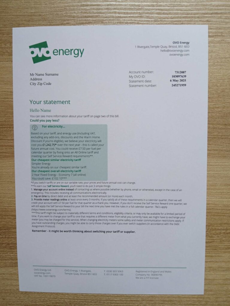 OVO Energy bill printed and photographed – address proof from UK