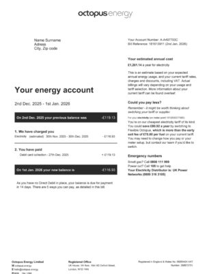 Editable electricity bill template – UK Octopus Energy sample in PDF