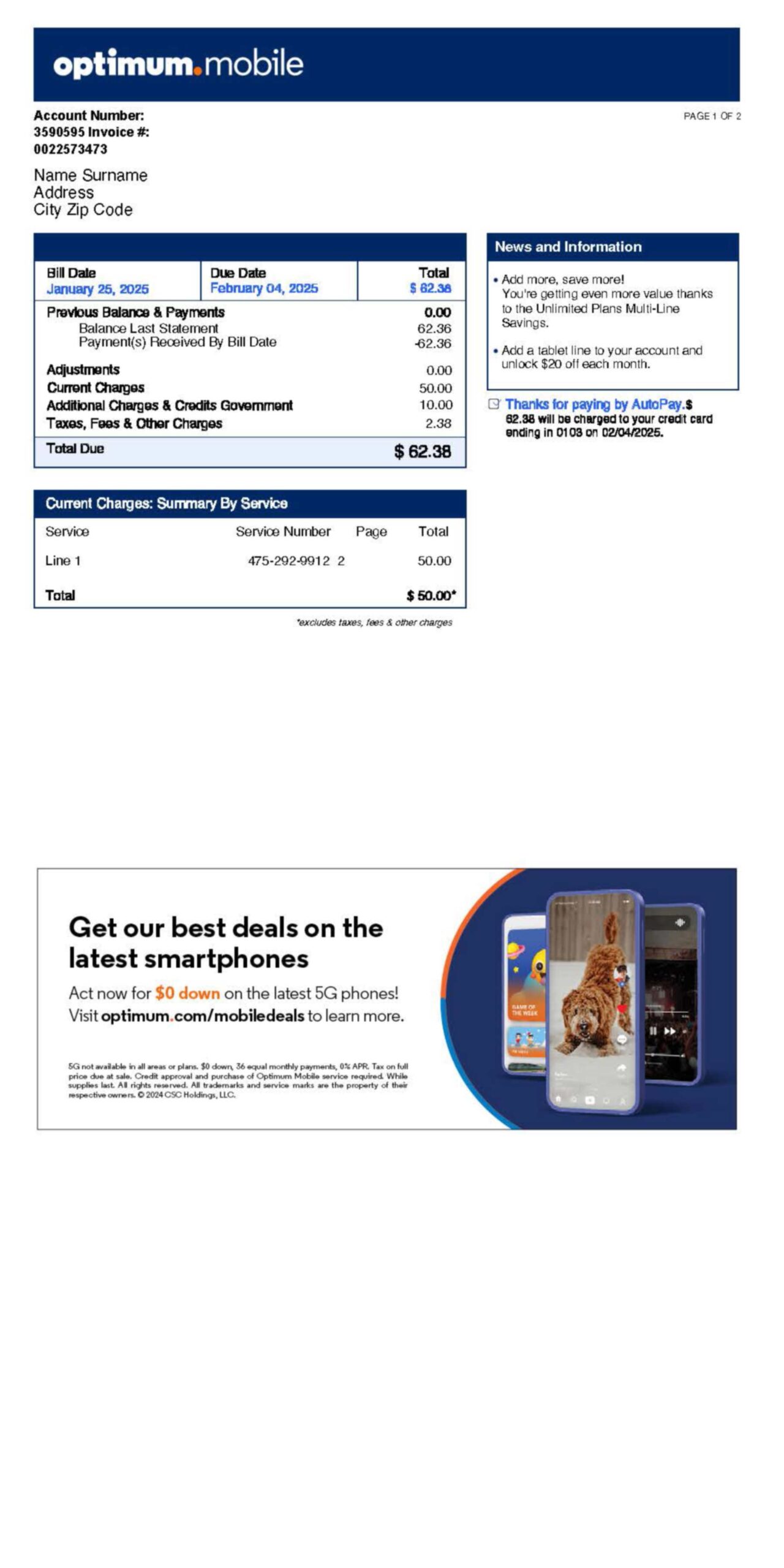 Optimum Mobile statement from USA – modifiable PDF template