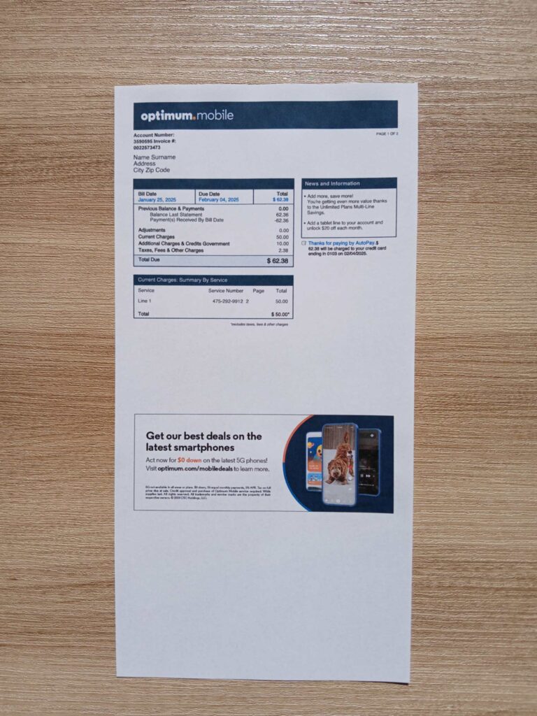Optimum bill printed and photographed – address proof from USA