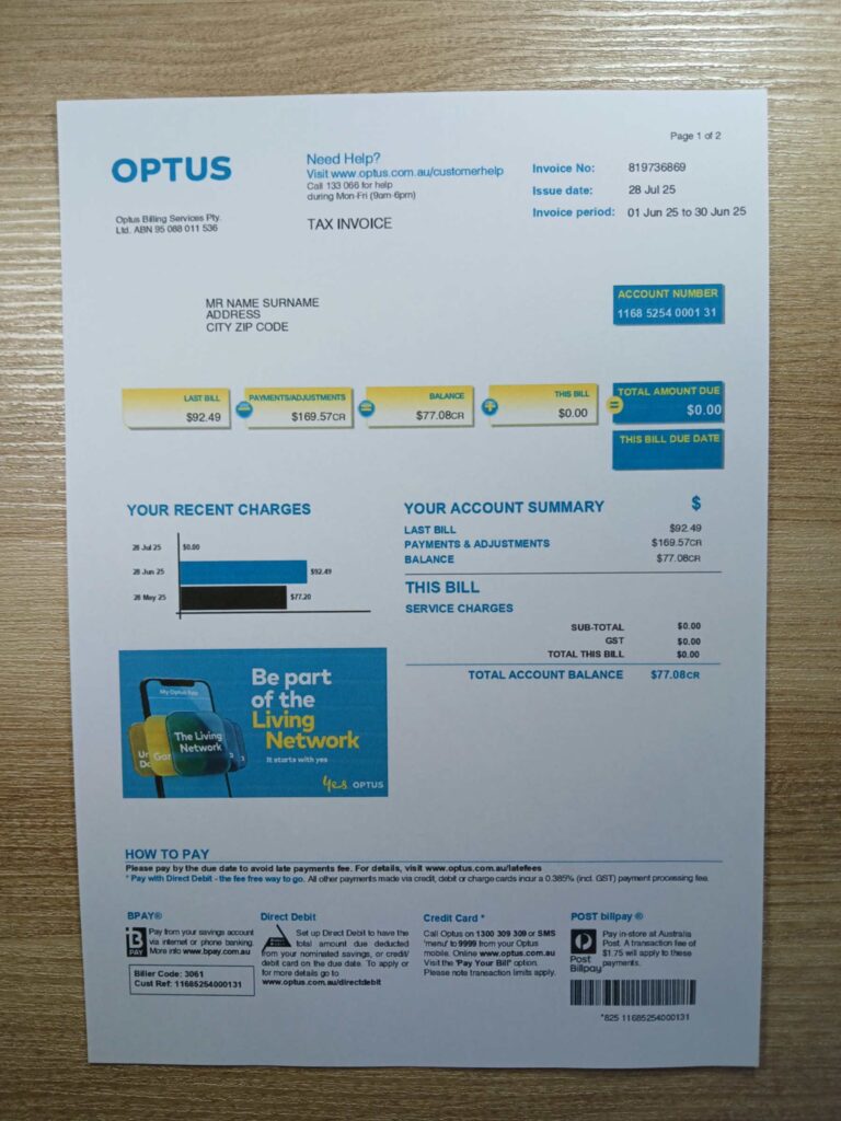 Optus Mobile bill printed and photographed – address proof from Australia