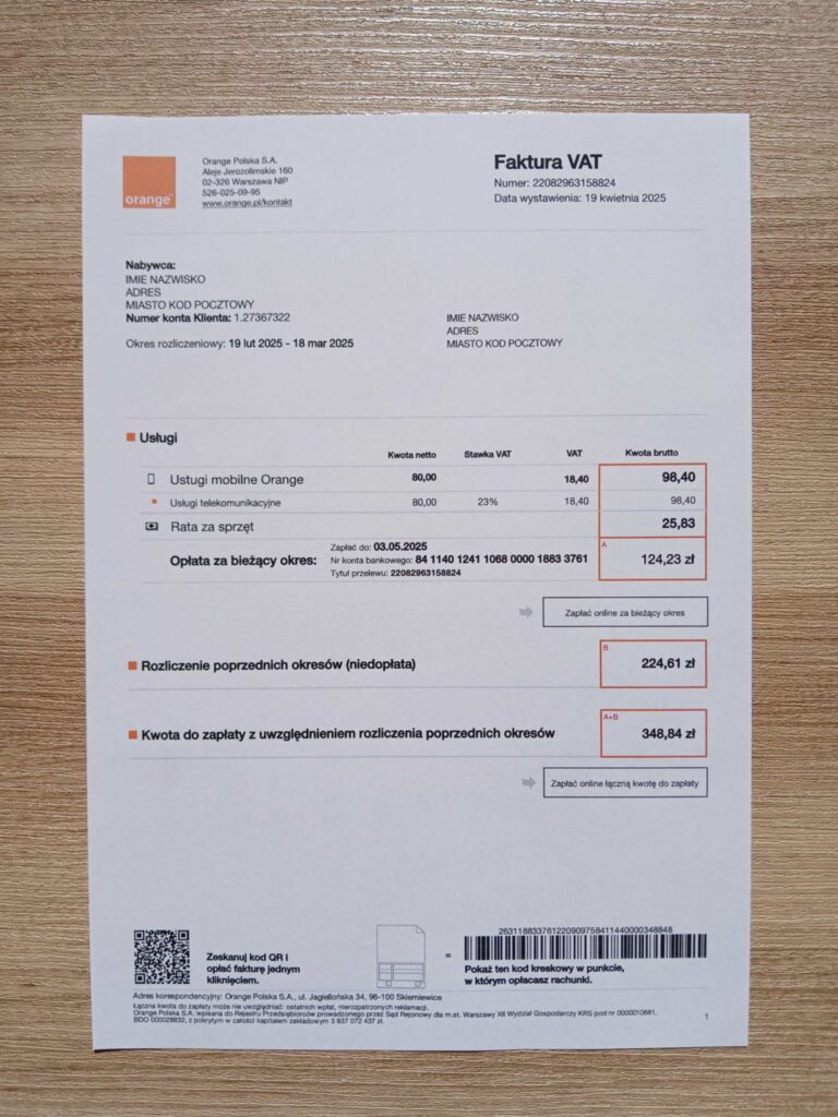 Orange bill printed and photographed – address proof from Poland