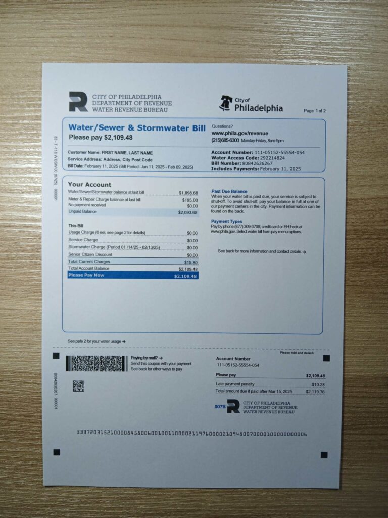 Water Revenue bill printed and photographed – address proof from Philadelphia