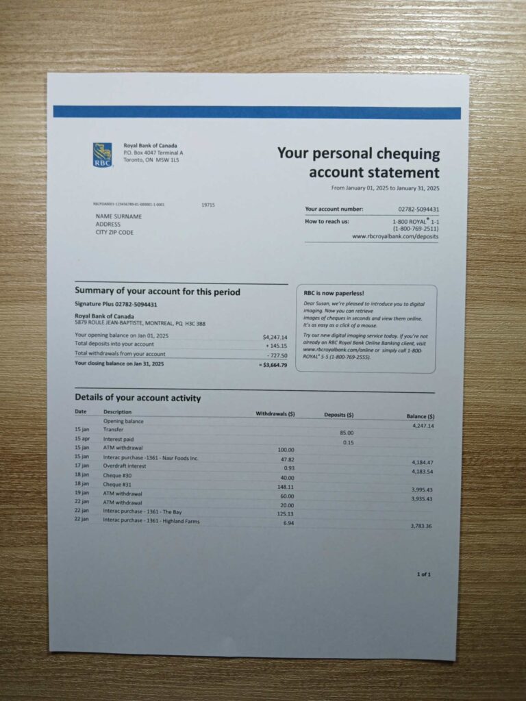 Visual example of printed RBC Bank utility bill in Canada