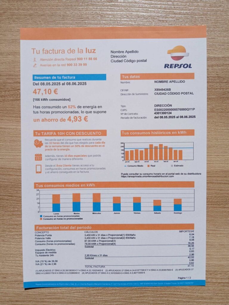 Repsol bill printed and photographed – address proof from Spain