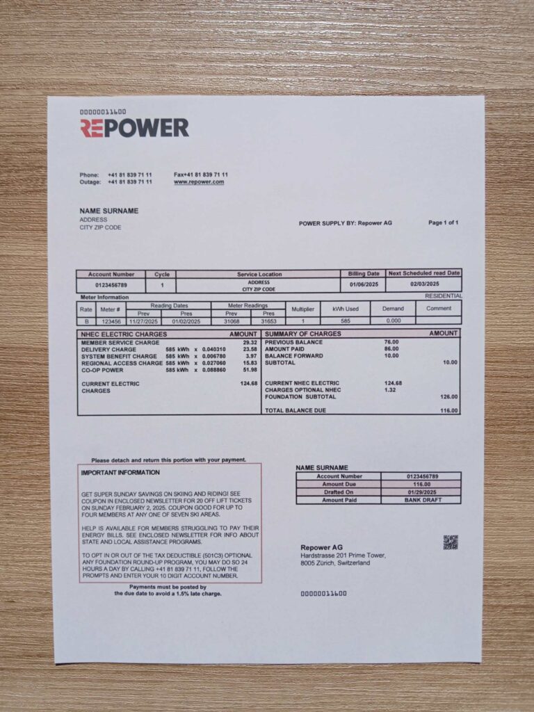 RePower bill printed and photographed – address proof from Switzerland