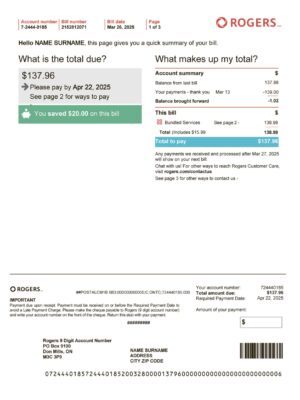 Rogers utility bill from Canada – customizable PDF for address proof