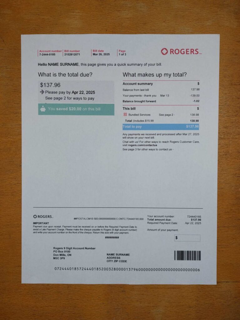Rogers bill printed and photographed – address proof from Canada