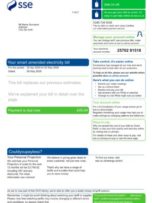 Clean layout of SSE Energy bill – editable UK version