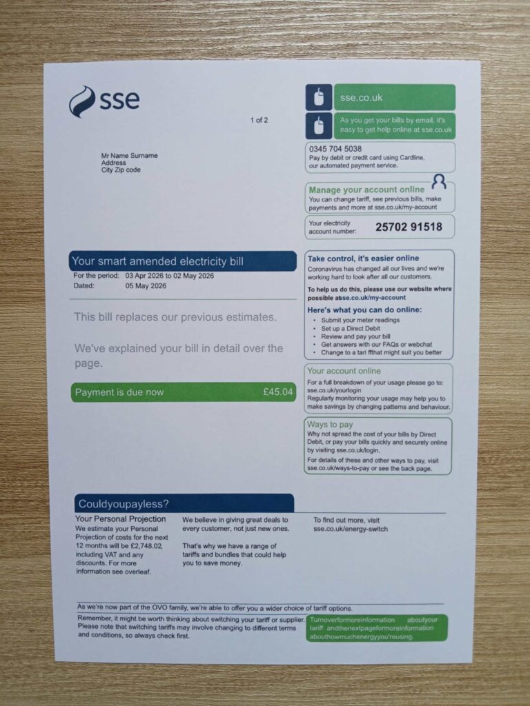 SSE Energy bill printed and photographed – address proof from UK