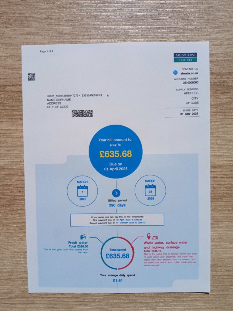 Real photo of UK Severn Trent bill – physical evidence for residence