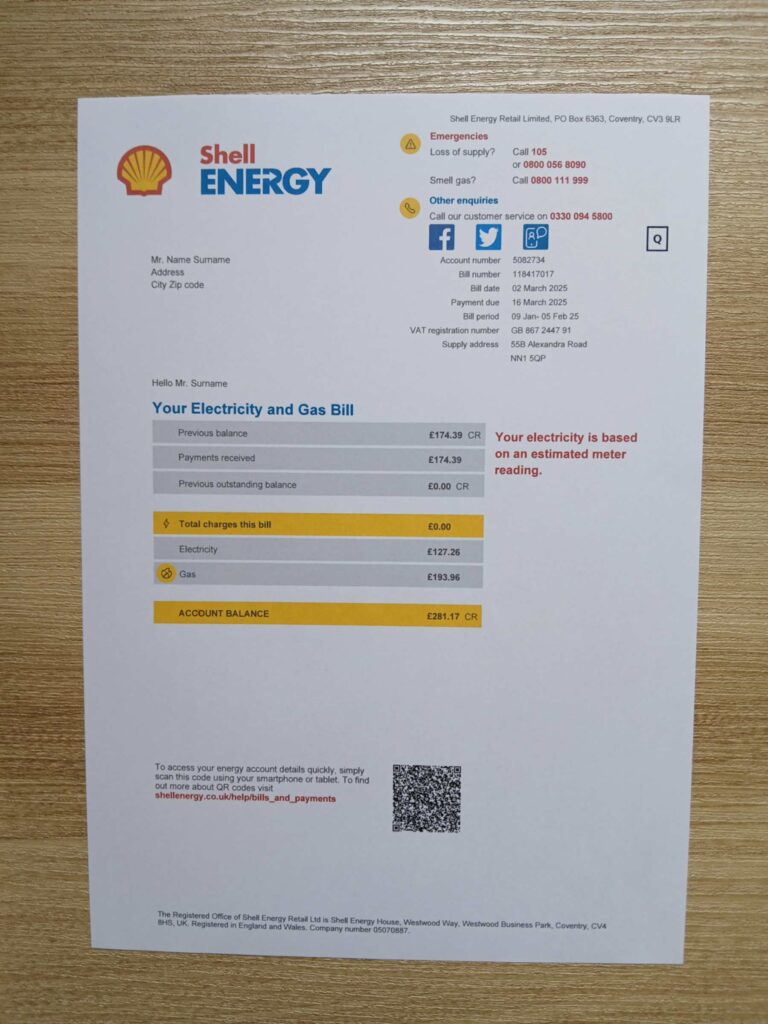 Shell Energy bill printed and photographed – address proof from UK