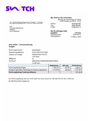Switch Energy statement from Austria – modifiable PDF template