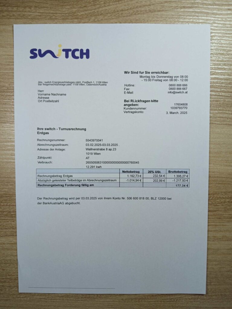 Switch Energy bill printed and photographed – address proof from Austria