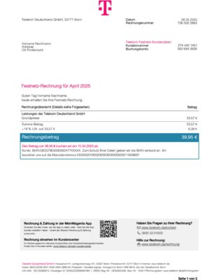 Clean layout of T-Mobile phone bill – editable Germany version