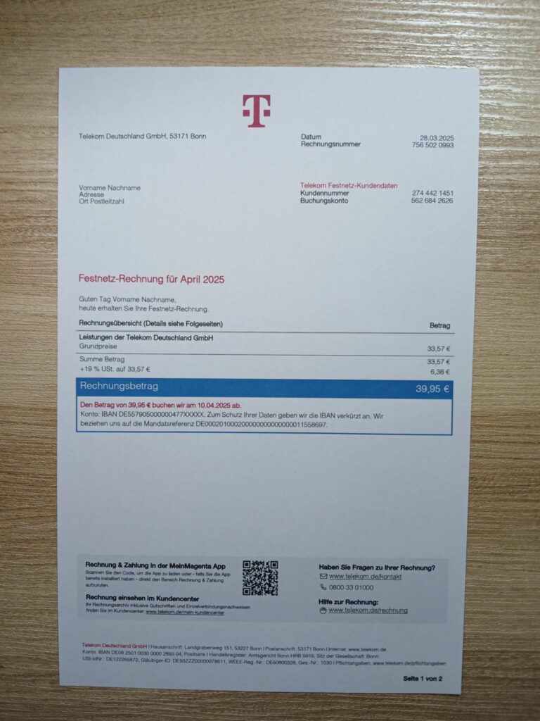 Authentic printed T-Mobile bill from Germany – proof of address example