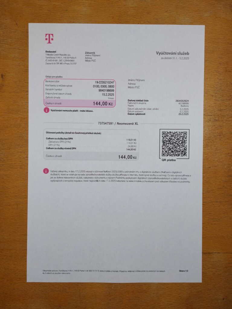 Visual example of printed T-mobile utility bill in Czech Republic