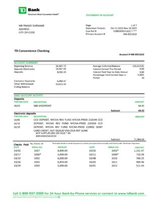 Editable TD Bank template – Canada statement sample in PDF