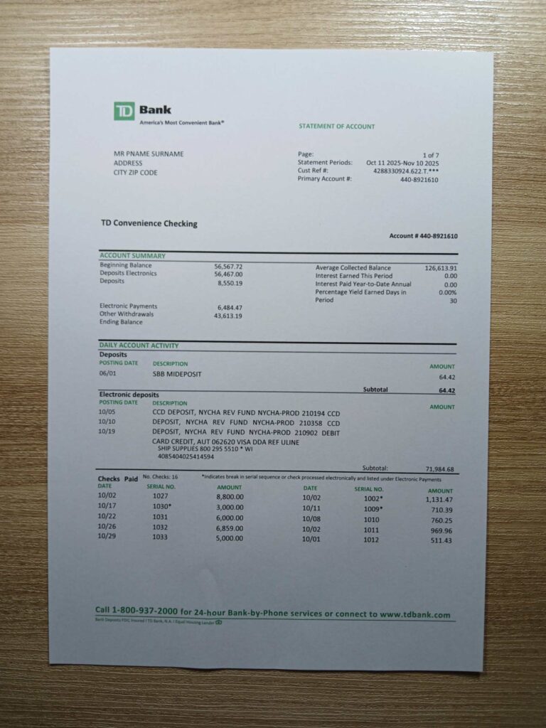 TD Bank printed and photographed – address proof from Canada