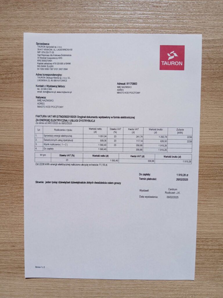 Real photo of Poland Tauron bill – physical evidence for residence