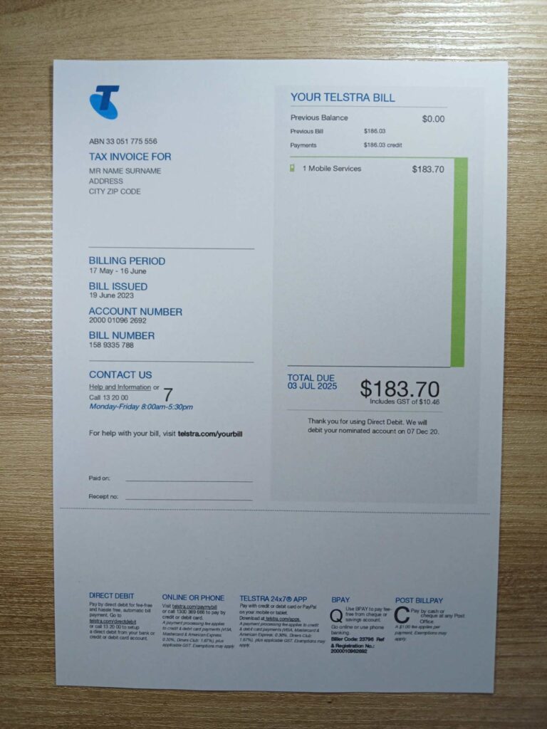 Visual example of printed Telstra Group Phone utility bill in Australia