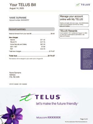 Telus TV and Internet statement from Canada – modifiable PDF template