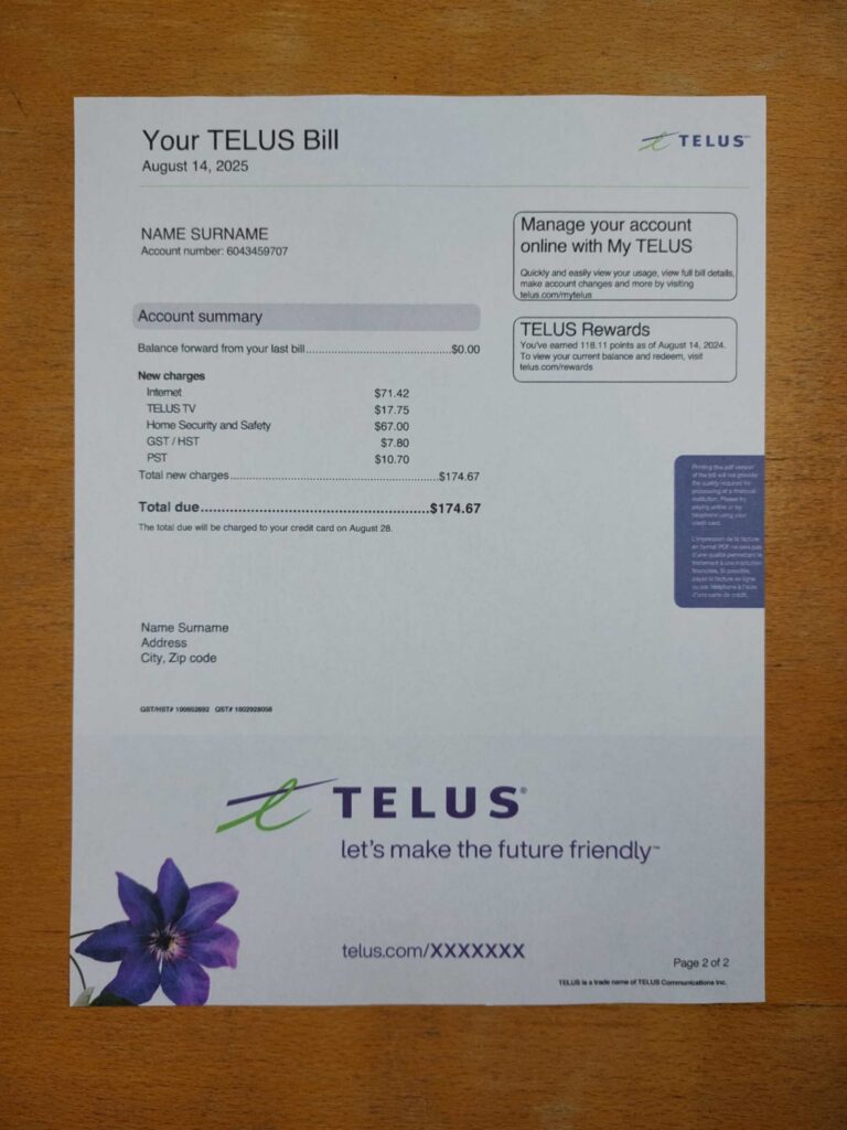 Real photo of Canada Telus bill – physical evidence for residence