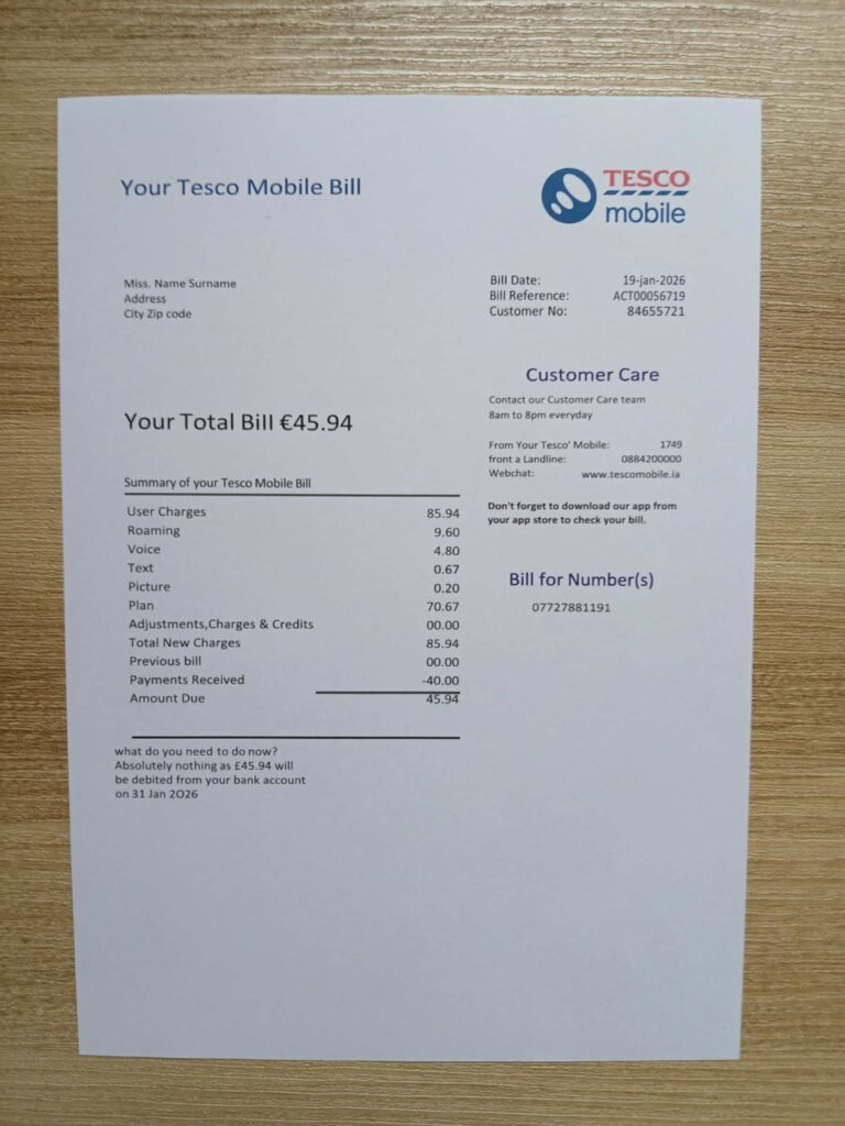 Visual example of printed Tesco Mobile utility bill in UK