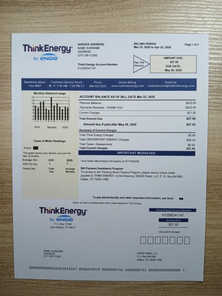 Real photo of Texas Think Energy bill – physical evidence for residence