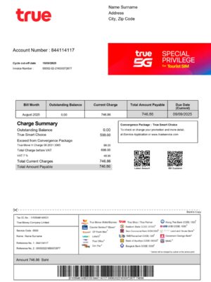 Clean layout of True Phone bill – editable Thailand version