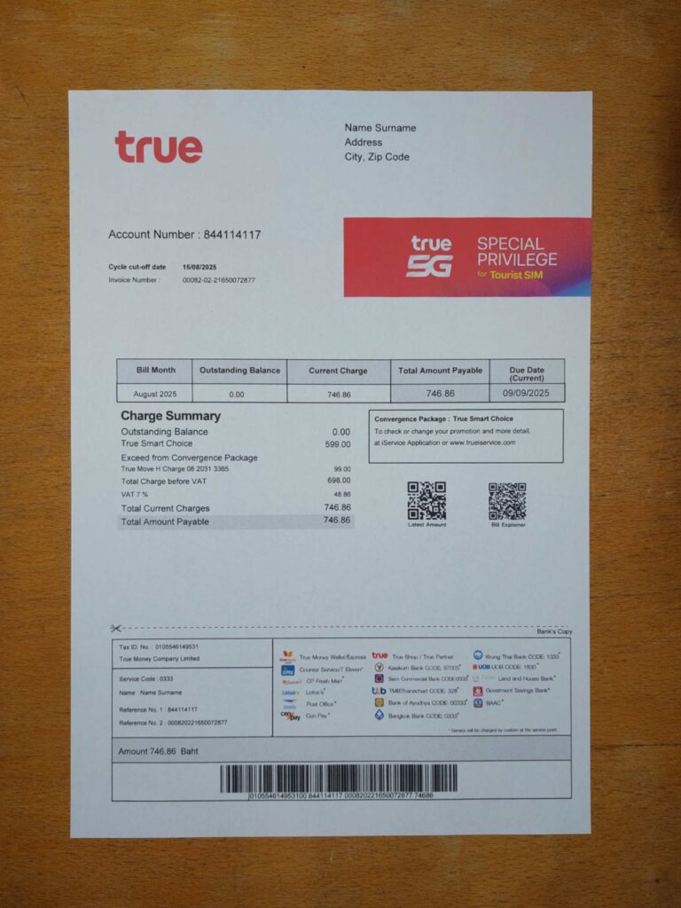 Visual example of printed True Phone utility bill in Thailand