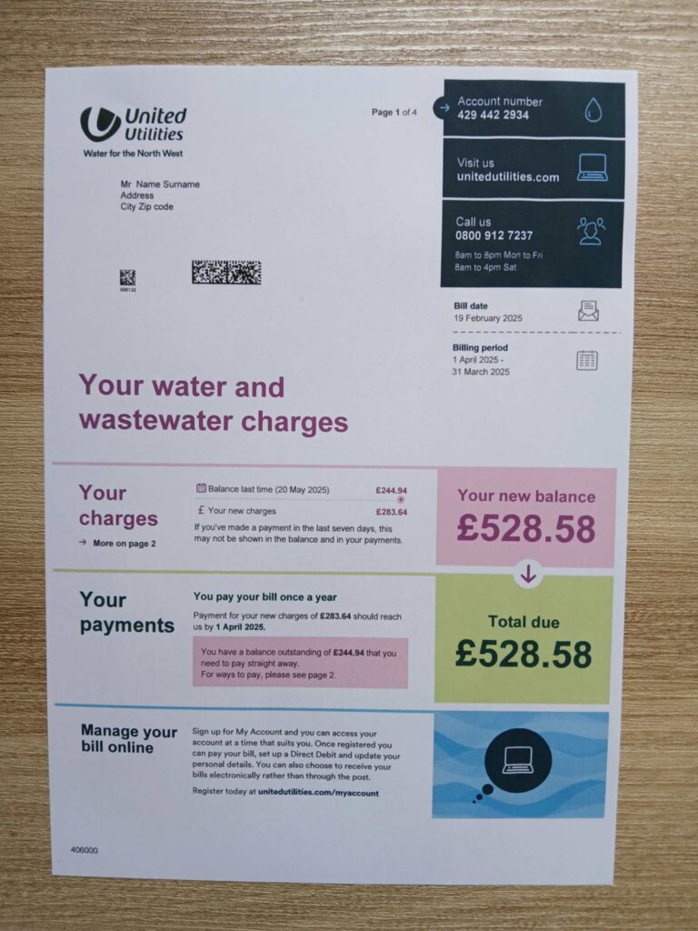 United Utilities bill printed and photographed – address proof from UK