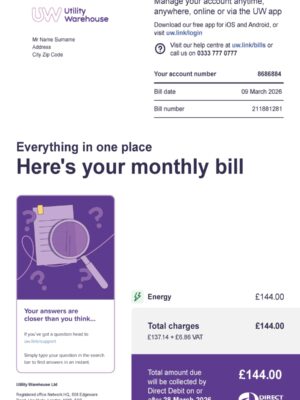 Editable phone bill template – UK Utility Warehouse sample in PDF