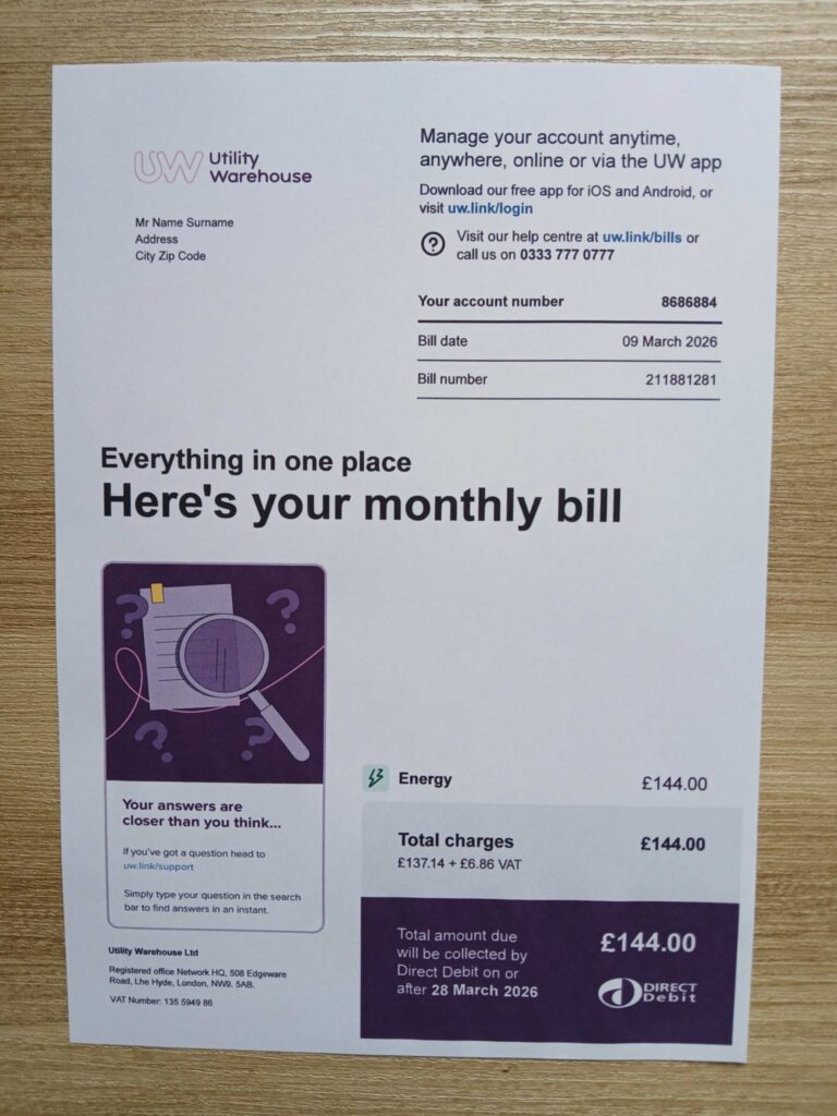 Visual example of printed Utility Warehouse utility bill in UK