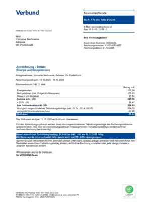 Verbund AG energy statement from Austria – modifiable PDF template